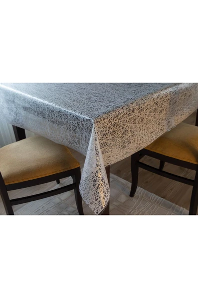 Lüks Silinebilir Hijyenik Iplik Desen Şeffaf Kaplama Pvc Muşamba Masa Örtüsü BEYAZ - 3