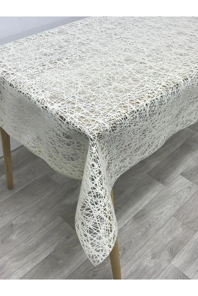 Iplik Desen Hasır Pvc Şeffaf Kaplamalı Lüks Muşamba Masa Örtüsü KREM