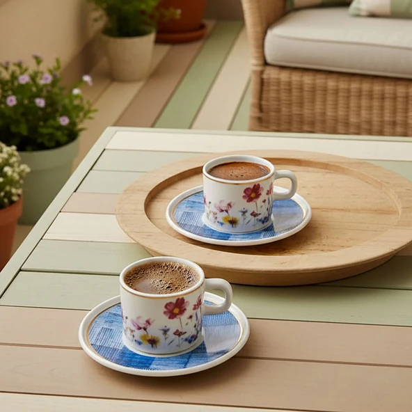 GÜRAL PORSELEN Mental 4 Parça 2 Kişilik Kahve Fincan Takımı 6709 Mavi - Resim 2