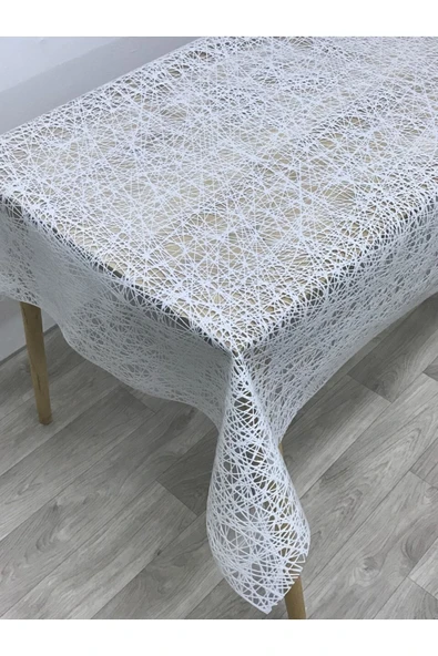 Iplik Desen Hasır Pvc Şeffaf Kaplamalı Lüks Muşamba Masa Örtüsü Beyaz - 3