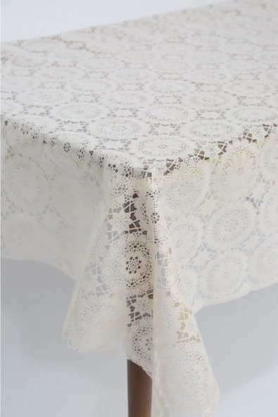 Şeffaf Kaplamalı Pvc Muşamba Leke Tutmaz,kolay Silinebilir DANTEL Desen Krem Renk - 2