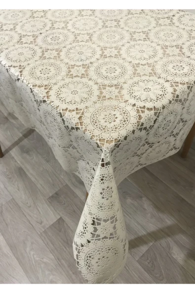 Hasır Kolay Temizlenir Pvc Şeffaf Kaplamalı Lüks Muşamba Masa Örtüsü Krem - 2