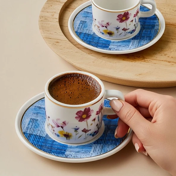 GÜRAL PORSELEN Mental 4 Parça 2 Kişilik Kahve Fincan Takımı 6709 Mavi ürün görseli 1