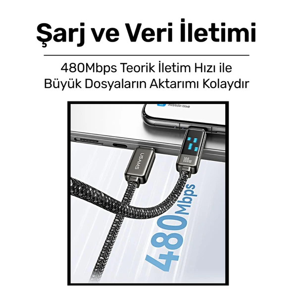 Usams US-SJ744 Type-C To Type-C 100W Meteor Efekt Ekranlı 1.2m Hızlı Şarj ve Data Kablosu Antrasit - 4