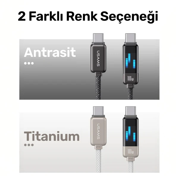 Usams US-SJ744 Type-C To Type-C 100W Meteor Efekt Ekranlı 1.2m Hızlı Şarj ve Data Kablosu Antrasit - 5