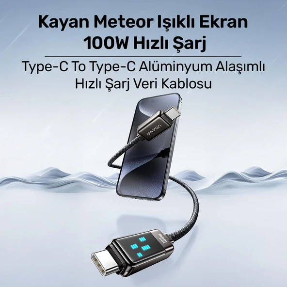 Usams US-SJ744 Type-C To Type-C 100W Meteor Efekt Ekranlı 1.2m Hızlı Şarj ve Data Kablosu Antrasit - 6