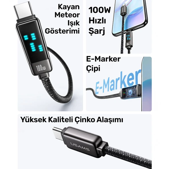Usams US-SJ744 Type-C To Type-C 100W Meteor Efekt Ekranlı 1.2m Hızlı Şarj ve Data Kablosu Antrasit - 7