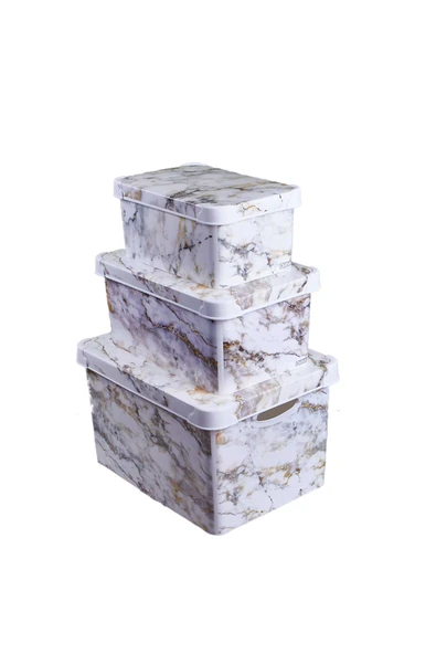 Style Box Marble Desenli 3 Parça Dekoratif Saklama Kutusu Seti