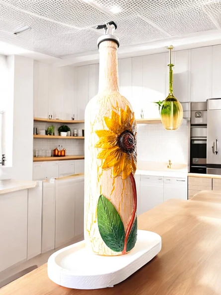 El Yapımı Ayçiçek Kabartmalı Yağdanlık – Dekoratif Zeytinyağı & Sirke Şişesi Sosluk| Rustik Mutfak Aksesuarı - 3