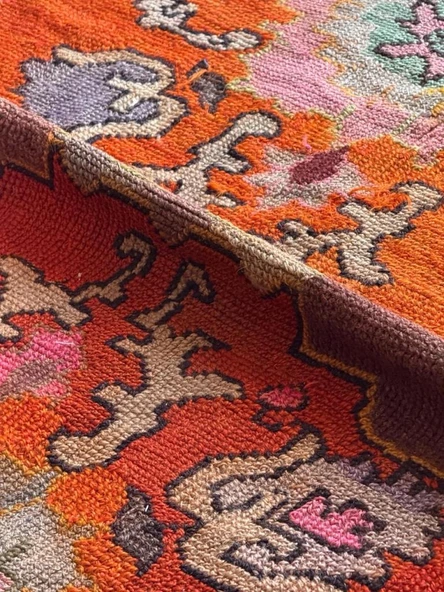 95x170 cm 50 Yıllık El Dokuma Türk Kilimi, Turuncu Çiçek Desenli, Vintage Anadolu Yün Halısı, Ender Bohem Kilim - 9