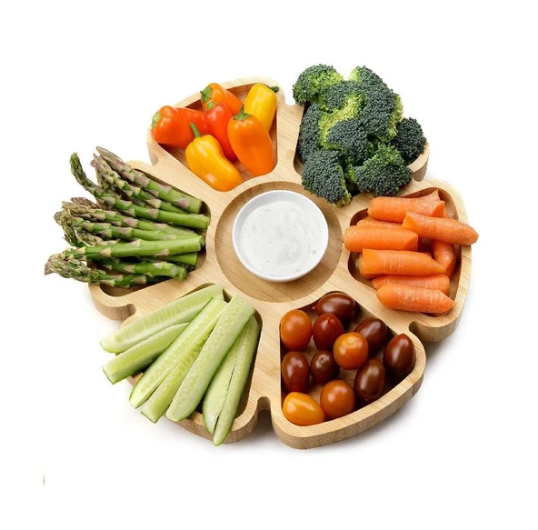 Ahşap Sunumluk - 7 Bölmeli Doğal Ahşap Kahvaltı Tabagı - Ahşap Çerezlik - 5