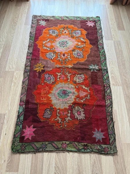95x170 cm 50 Yıllık El Dokuma Türk Kilimi, Turuncu Çiçek Desenli, Vintage Anadolu Yün Halısı, Ender Bohem Kilim - 8