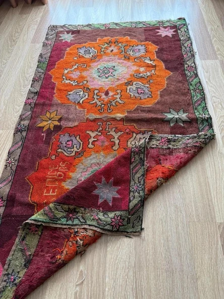 95x170 cm 50 Yıllık El Dokuma Türk Kilimi, Turuncu Çiçek Desenli, Vintage Anadolu Yün Halısı, Ender Bohem Kilim