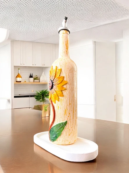 El Yapımı Ayçiçek Kabartmalı Yağdanlık – Dekoratif Zeytinyağı & Sirke Şişesi Sosluk| Rustik Mutfak Aksesuarı - 4