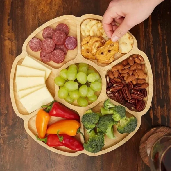 Ahşap Sunumluk - 7 Bölmeli Doğal Ahşap Kahvaltı Tabagı - Ahşap Çerezlik - 2