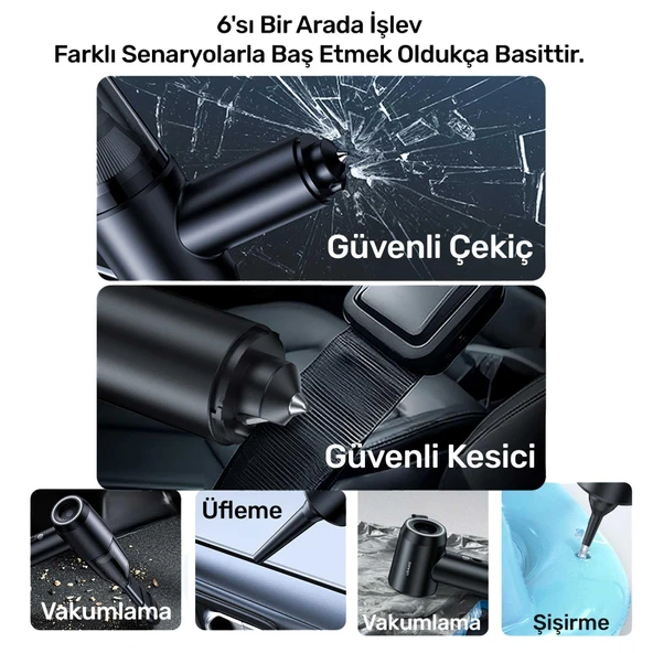Usams ZB291 6in1 Üfleme Şişirme Güvenlik Kırıcı/Kesici Özellikli Taşınablir Araç ve El Süpürgesi - 4