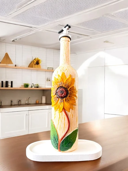 El Yapımı Ayçiçek Kabartmalı Yağdanlık – Dekoratif Zeytinyağı & Sirke Şişesi Sosluk| Rustik Mutfak Aksesuarı - 2
