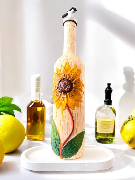 El Yapımı Ayçiçek Kabartmalı Yağdanlık – Dekoratif Zeytinyağı & Sirke Şişesi Sosluk| Rustik Mutfak Aksesuarı