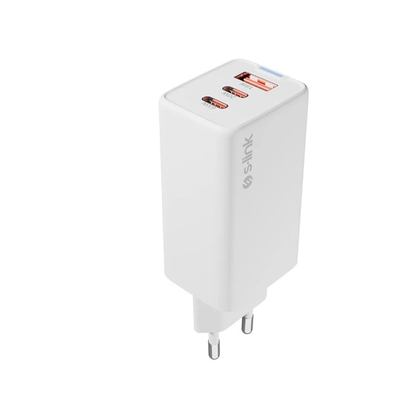 S-link SL-ECG65 2*USB-C + USB-A GAN PD 65W / QC 18W Type GAN PD/PPS Beyaz EV/NOTEBOOK Şarj Adaptör