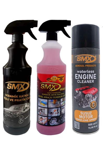 SMX Oto Bakım Seti(SUSUZ MOTOR TEMİZLEME-SERAMİK KATKILI CİLA-GENEL TEMİZLEYİCİ)