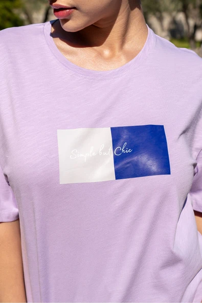 Kadın Oversize Fit Bisiklet Yaka Baskılı Kısa Kollu T-shirt - 8