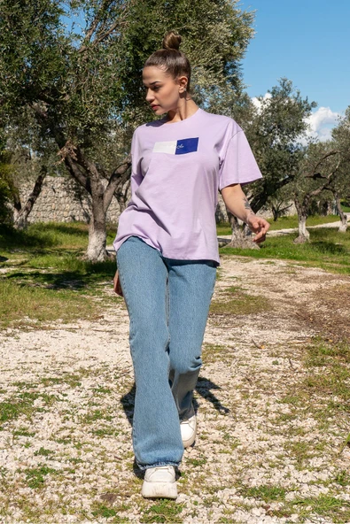 Kadın Oversize Fit Bisiklet Yaka Baskılı Kısa Kollu T-shirt - 9