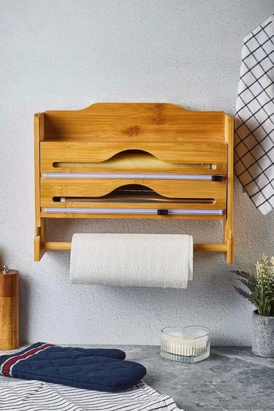 Pro 3'lü Bambu Fonksiyonel Raflı Streç-Folyo Kesme ve Kağıt Havlu Organizeri ( Duvar Montajlı, Çekmece İçi, Tezgah Üstü ) - 4