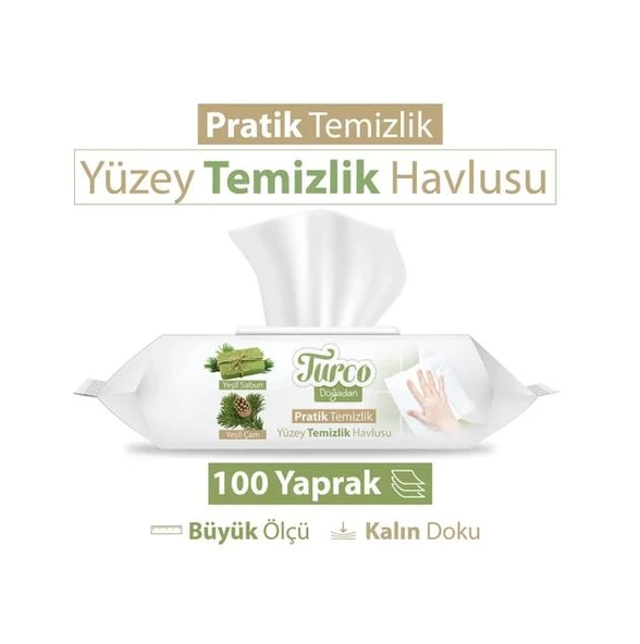 Turco Doğadan Yeşil Çam ve Yeşil Sabunlu Yüzey Temizlik Havlusu 100 Yaprak