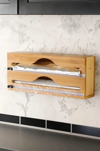 2'li Bambu Streç Folyo Kutusu 34x14x7 cm ( Duvar Montajlı, Çekmece İçi, Tezgah Üstü ) - 4