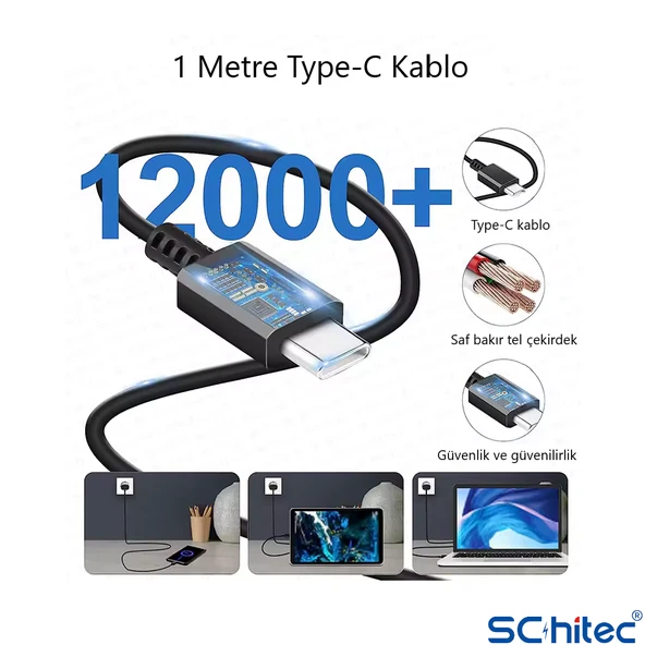ScHitec 25W Hızlı Şarj Aleti Type-C Çıkışlı Type-C to Type-C Kablolu Şarj Cihazı Siyah SR64 - 7