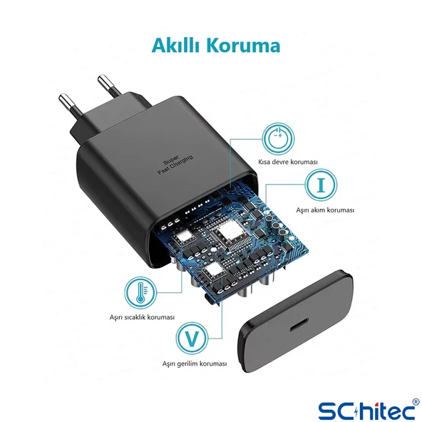 ScHitec 25W Hızlı Şarj Aleti Type-C Çıkışlı Type-C to Type-C Kablolu Şarj Cihazı Siyah SR64 - 5