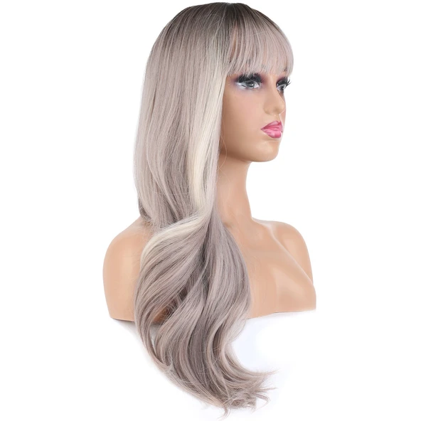 Doğal Dalgalı Perçemli Fiber Sentetik Uzun Boy Peruk - Koyu Kumral / Açık Rus Kumralı Ombre ve Röfleli - Resim 2