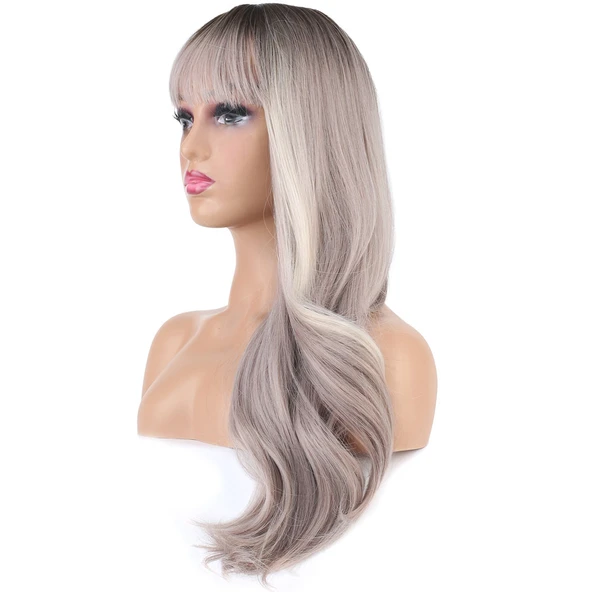 Doğal Dalgalı Perçemli Fiber Sentetik Uzun Boy Peruk - Koyu Kumral / Açık Rus Kumralı Ombre ve Röfleli - Resim 3