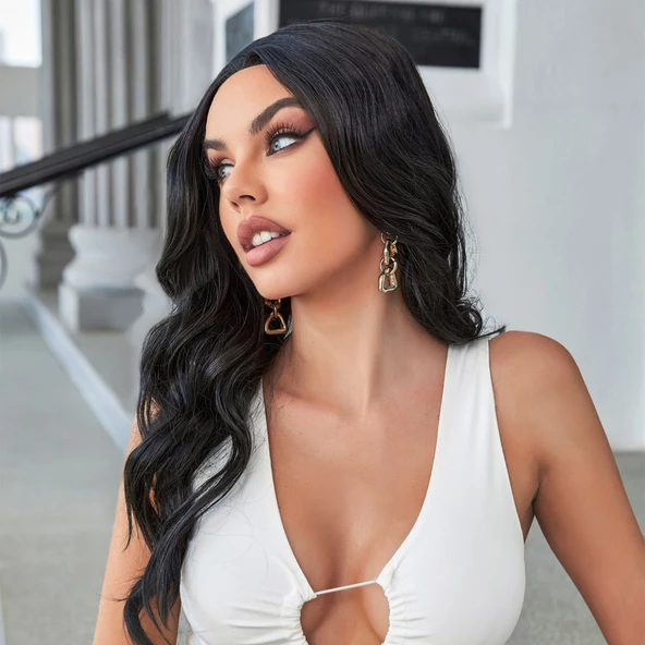 Siyah Su Dalgalı Uzun Boy Tül Peruk - Resim 3