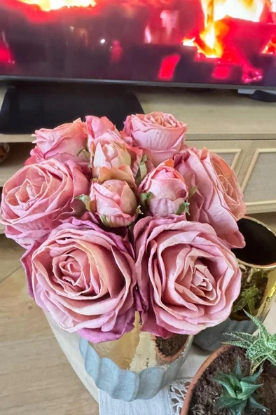 Nettenevime Yapay Çiçek Kuru Gül Pembe Gül Kurusu Renk 6Çiçek 4Tomurcuk 10lu Demet Gelin Çiçeği Buketi - 5