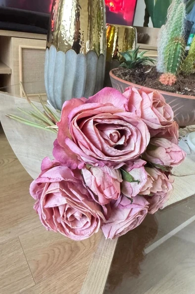 Nettenevime Yapay Çiçek Kuru Gül Pembe Gül Kurusu Renk 6Çiçek 4Tomurcuk 10lu Demet Gelin Çiçeği Buketi - 8