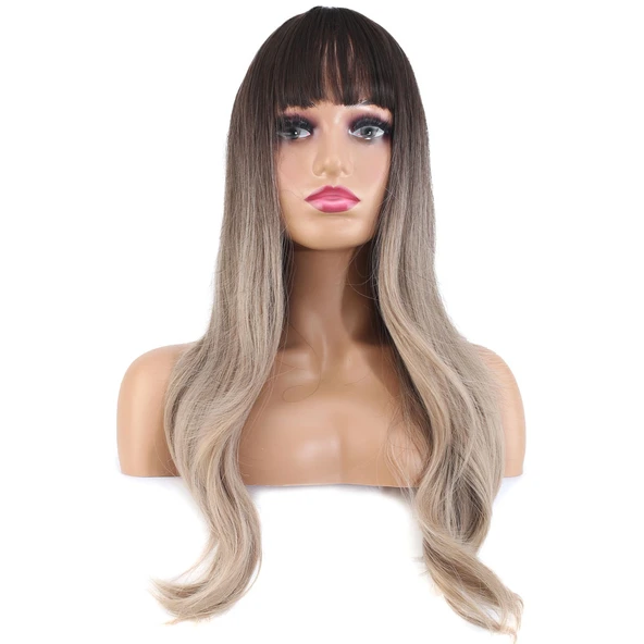 Doğal Dalgalı Perçemli Fiber Sentetik Uzun Boy Peruk - Koyu Kumral / Rus Kumralı Ombreli ürün görseli