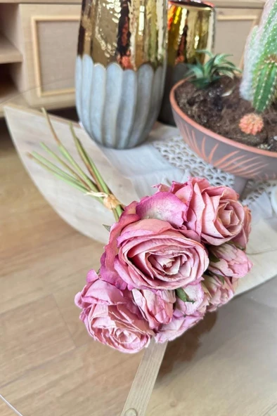 Nettenevime Yapay Çiçek Kuru Gül Pembe Gül Kurusu Renk 6Çiçek 4Tomurcuk 10lu Demet Gelin Çiçeği Buketi - 2