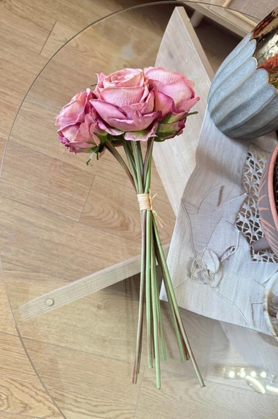 Nettenevime Yapay Çiçek Kuru Gül Pembe Gül Kurusu Renk 6Çiçek 4Tomurcuk 10lu Demet Gelin Çiçeği Buketi - 7