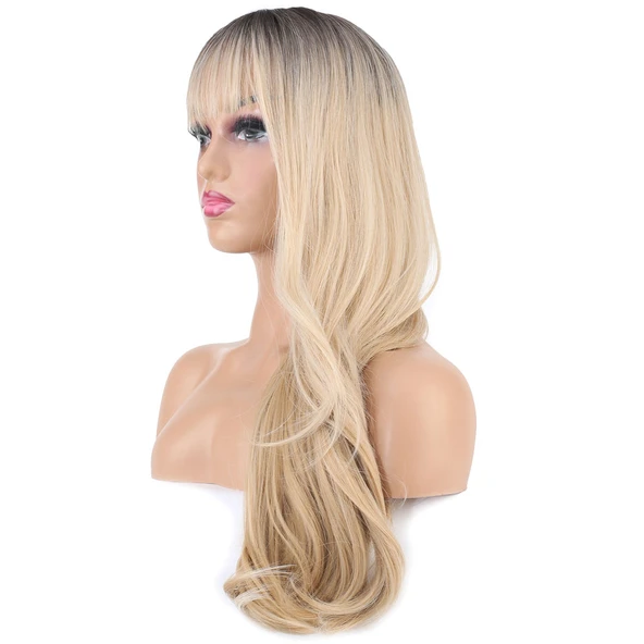 Doğal Dalgalı Perçemli Fiber Sentetik Uzun Boy Peruk - Kumral / Platin Ombre ve Röfleli - Resim 3