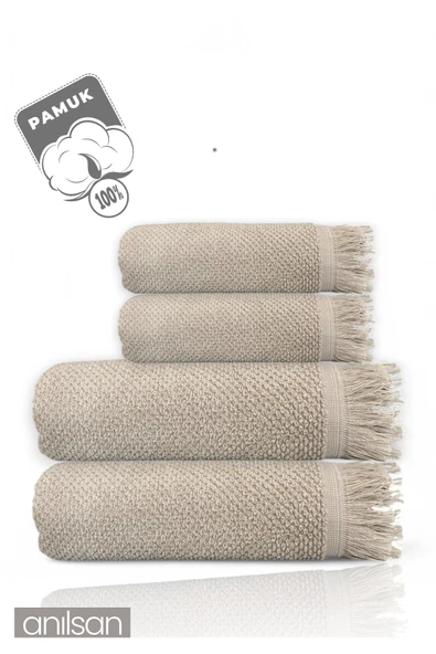 4'lü Bej Jelena Havlu Seti %100 Pamuk  - 2 Adet El Havlusu 50x90 ve 2 Adet Banyo Havlusu 70x140 - 2