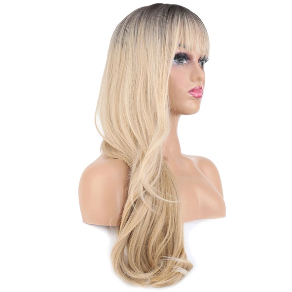 Doğal Dalgalı Perçemli Fiber Sentetik Uzun Boy Peruk - Kumral / Platin Ombre ve Röfleli - Resim 2