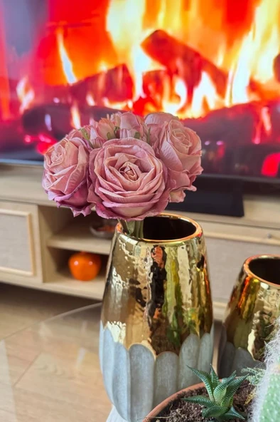 Nettenevime Yapay Çiçek Kuru Gül Pembe Gül Kurusu Renk 6Çiçek 4Tomurcuk 10lu Demet Gelin Çiçeği Buketi - 4