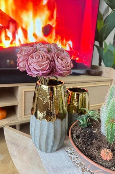 Nettenevime Yapay Çiçek Kuru Gül Pembe Gül Kurusu Renk 6Çiçek 4Tomurcuk 10lu Demet Gelin Çiçeği Buketi - 6