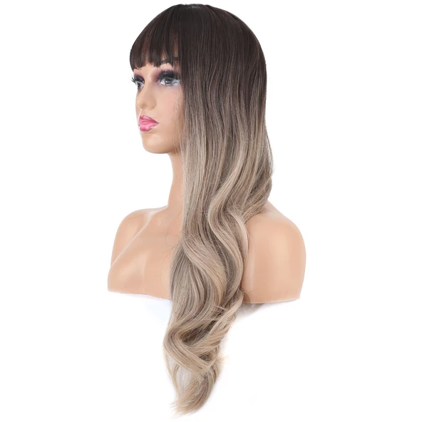 Doğal Dalgalı Perçemli Fiber Sentetik Uzun Boy Peruk - Koyu Kumral / Rus Kumralı Ombreli - Resim 3