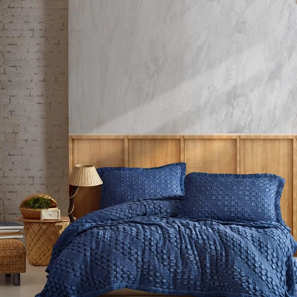ŞAHESER JAKARLI YATAK ÖRTÜSÜ ÇİFT KİŞİLİK ENZA DENİM - Resim 4