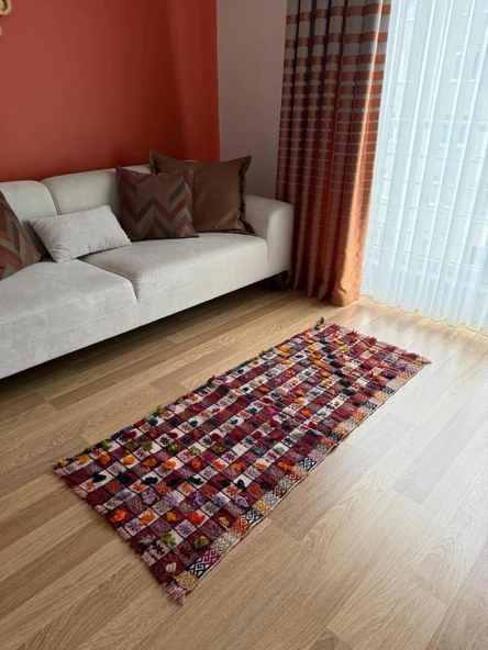 62x152 cm El Dokuma Kilim, Doğal Boya ile Canlı Renkler, Geleneksel Bohem Tarzı, Oturma Odası için Dekoratif Kilim - 3