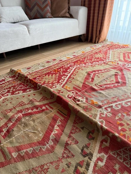 165x375 cm Büyük Boy Antik Türk Kilimi, El Dokuma Vintage Anadolu Kilimi, Geleneksel Yün Kilim, Dekoratif Alan Halısı - 5