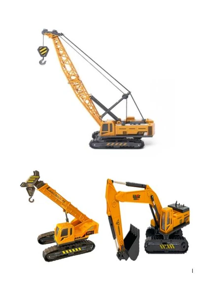 Oyuncak İş Makinaları Ekskavatör Paletli Vinç Kule Vinç 3 lü Metal Set - 5