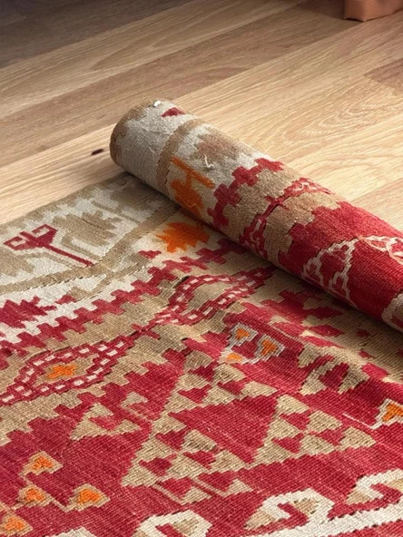 165x375 cm Büyük Boy Antik Türk Kilimi, El Dokuma Vintage Anadolu Kilimi, Geleneksel Yün Kilim, Dekoratif Alan Halısı - 4